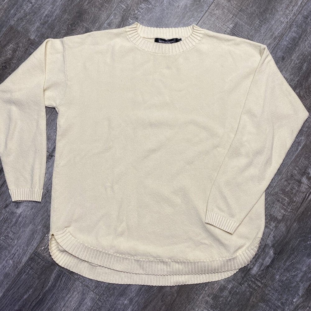 MEROKEETY Women's Cream Size M Long Sleeve Crew Neck Knit Pullover Sweater